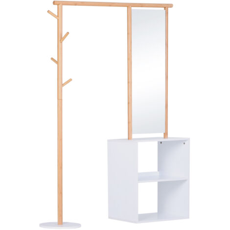 Homcom – Porte-manteaux vestiaire avec miroir 4 patères – MDF blanc et bois massif bambou – Dimensions 100L x 34l x 164H cm – Charge max. 80 kg