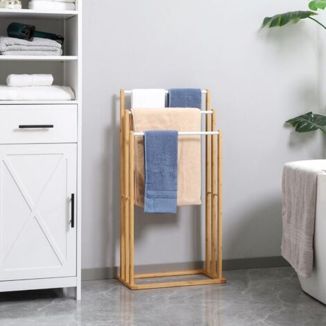 HOMCOM Porte-serviettes en bambou sur pieds avec 3 barres support pour serviette étagère de salle de bain - 48 x 25,8 x 94 cm