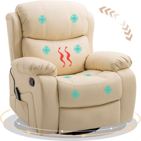 HOMCOM PU Leather Recliner Chair with Massage and Heat Swivel Rocking Armchair Beige