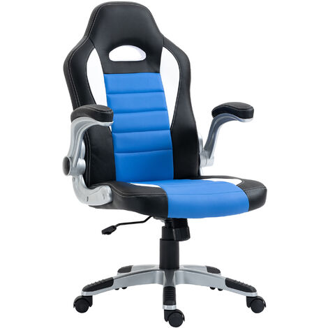 HOMCOM Racing Office Chair PU Leather Computer Desk Chair Gaming Style with Wheels, Flip-Up Armrest, Blue