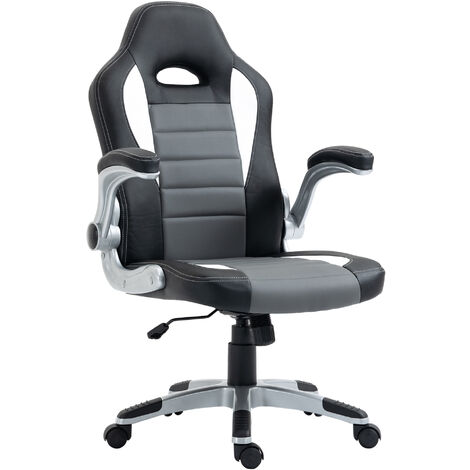 HOMCOM Racing Office Chair PU Leather Computer Desk Chair Gaming Style with Wheels, Flip-Up Armrest, Grey