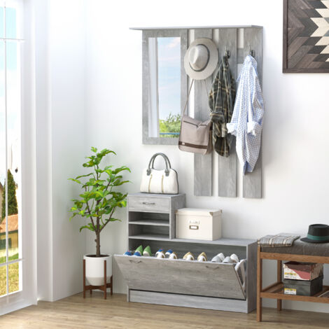 HOMCOM Recibidor de Entrada con Espejo Perchero y Zapatero Mueble de Recibidor de 2 Piezas con 6 Ganchos Estantes y Cajón Abatible para Pasillo Gris