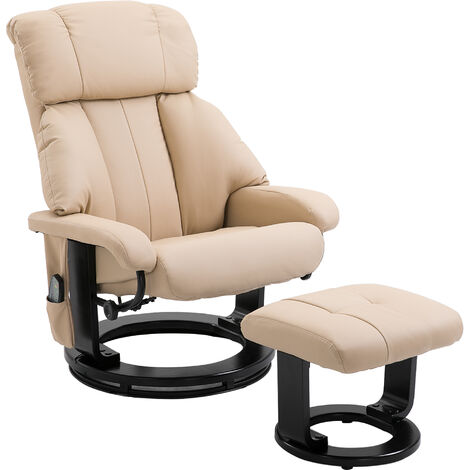 HOMCOM Relaxliege mit Liegefunktion Massagesessel Fernsehsessel Liegesessel Ergonomischer Stuhl Sessel mit Hocker Massage Beige 76 x 80 x 102 cm - Cremeweiß