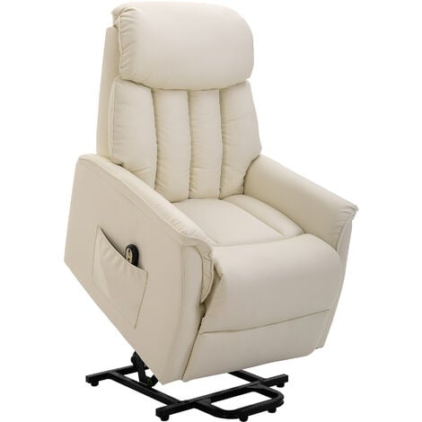 HOMCOM Relaxsessel Elektrisch Fernsehsessel mit Aufstehhilfe, Liegefunktion, Massagesessel mit Fußteil, Seitentasche, Fernbedienung, für Wohnzimmer, bis 150 kg, Kunstleder, Beige
