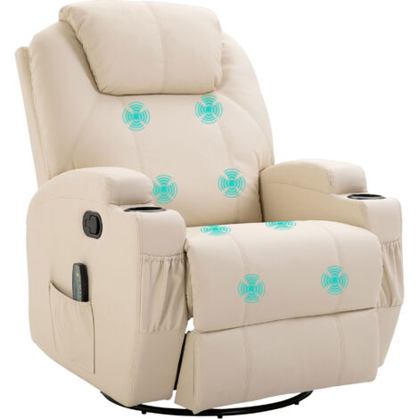 HOMCOM Relaxsessel Massagesessel Fernsehsessel mit Liegefunktion Vibration Fußteil Seitentasche, TV Sessel Liegesessel Ruhesessel für Wohnzimmer, Cremeweiß