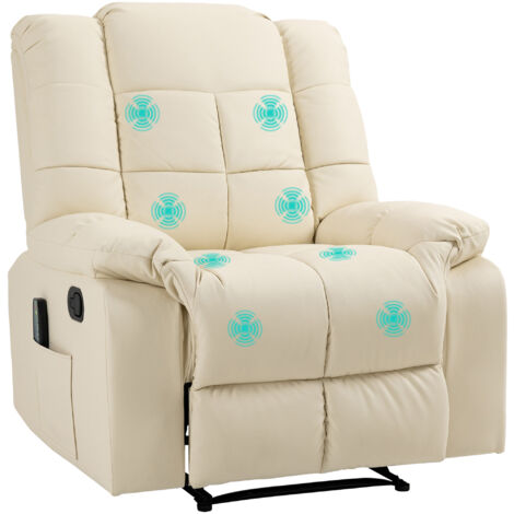 HOMCOM Relaxsessel Massagesessel Fernsehsessel mit Liegefunktion Vibration Fußteil Seitentasche, TV Sessel Liegesessel Ruhesessel für Wohnzimmer, Cremeweiß