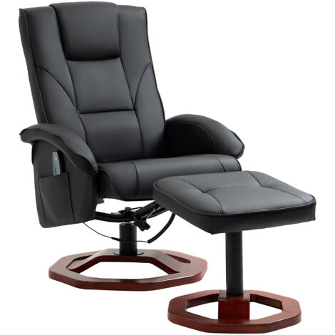 HOMCOM Relaxsessel Massagesessel mit Hocker Fernsehsessel mit Liegefunktion 360° drehbar mit Seitentasche Kunstleder 73 x 83 x 106cm Schwarz