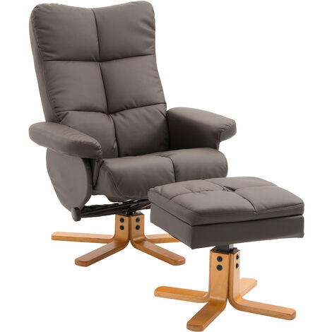 HOMCOM Relaxsessel mit Hocker, 360°drehbarer Fernsehsessel mit Liegefunktion Lesesessel für Schlafzimmer, Wohnzimmer, Kunstleder, Braun