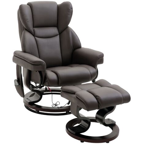 HOMCOM Relaxsessel mit Hocker, 360°drehbarer Fernsehsessel mit Massage, Liegefunktion, Massagesessel mit Seitentasche, Liegesessel, Kunstleder für Wohnzimmer Braun