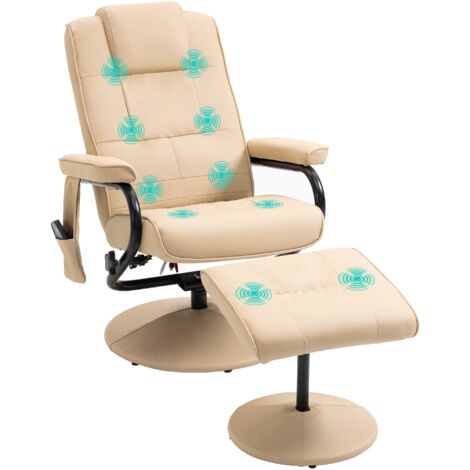 HOMCOM Relaxsessel mit Hocker, 360°drehbarer Fernsehsessel mit Massage, Liegefunktion, Massagesessel mit Seitentasche, TV-Sessel aus Kunstleder für Wohnzimmer Creme
