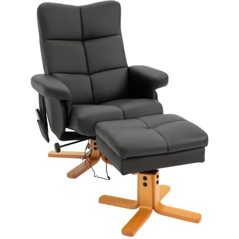 HOMCOM Relaxsessel mit Hocker, 360°drehbarer Fernsehsessel mit Massage, Liegefunktion, Massagesessel mit Seitentasche, TV-Sessel, Kunstleder für Wohnzimmer Schwarz