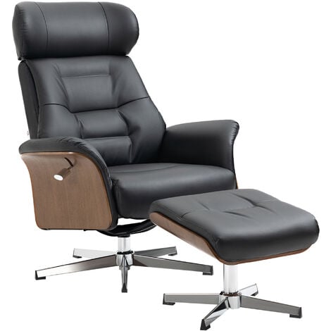 HOMCOM Relaxsessel mit Hocker, Fernsehsessel mit Liegefunktion, verstellbare Kopfstütze, Drehbar TV-Sessel bis 150 kg, für Wohnzimmer, Schlafzimmer, Kunstleder, Schwarz