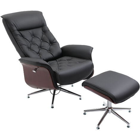 HOMCOM Relaxsessel mit Hocker Fernsehsessel Polstersessel 360° drehbar 145° neigbar mit Retro-Design Chesterfield PU-Bezug Holzverkleidung Metallfuß Schwarz 82 x 83 x 110 cm - Schwarz