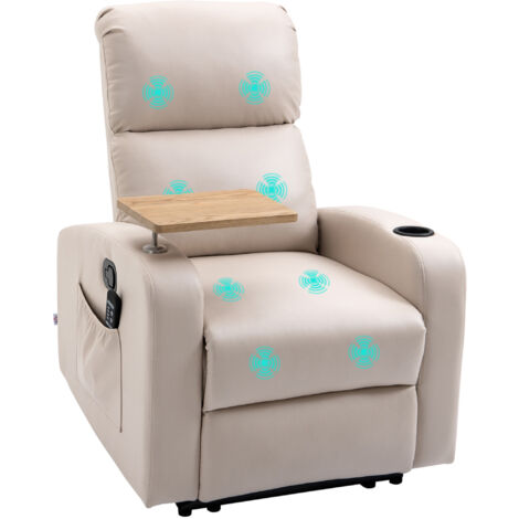 HOMCOM Relaxsessel mit Massagefunktion, Fernsehsessel mit Liegefunktion, Drehbarem Tisch, Massagesessel, Ruhesessel mit Fernbedienung, Feder, Seitentasche und Becherhalter, Mikrofaser, Beige
