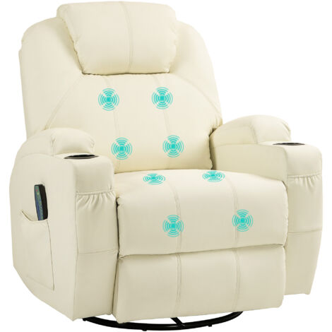 HOMCOM Relaxsessel mit Massagefunktion, Fernsehsessel mit Liegefunktion, Wippfunktion, Drehbar Massagesessel mit Federsystem, Fernbedienung, Becherhalter und Seitentasche, Cremeweiß