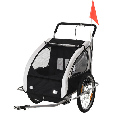 HOMCOM Remolque para Niños DOS PLAZAS con Amortiguadores Carro para Bicicleta CON BARRA INCLUIDA y Kit de Footing COLOR BLANCO y NEGRO