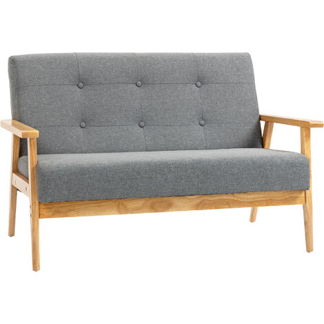 main image of "HOMCOM Retro Minimal Sofa w/ Padded Linen Seat Wood Frame Furniture 2 Seater"