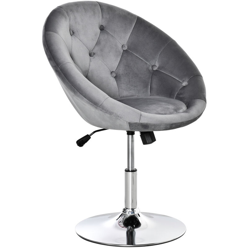 HOMCOM Retro Velvet-Feel Tub Dining Bar Stool Chair Tufted Adjustable Grey