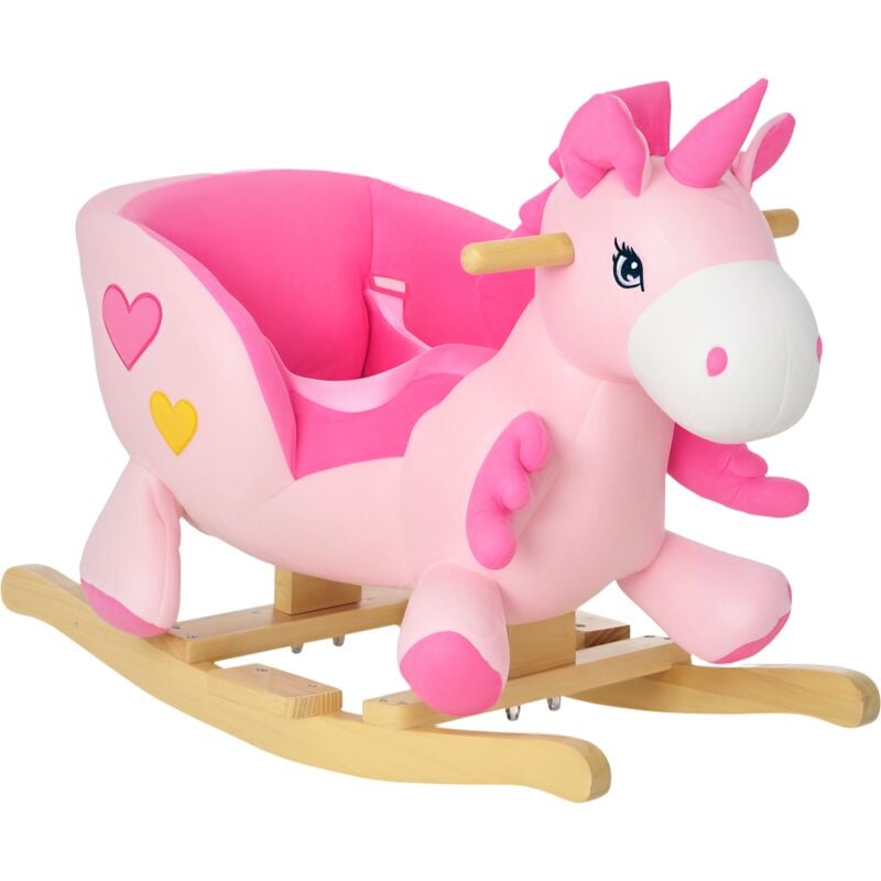 Homcom - Rocking Horse, Plush Ride On Unicorn with Songs, Seatbelt, Pink