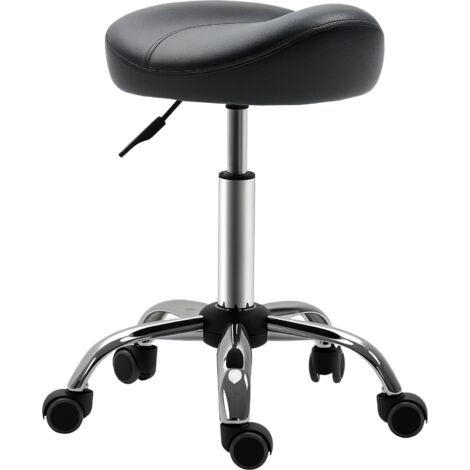 HOMCOM Rollhocker Höhenverstellbarer Arbeitshocker mit Rädern Drehbarer Salon Hocker für Massage Kunstleder Schwarz 48 x 48 x 54-69 cm