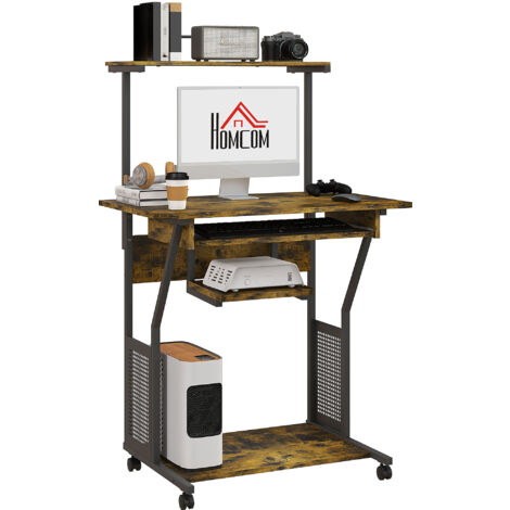 HOMCOM Rolling Computer Desk with Keyboard Tray Storage Shelves Rustic Brown