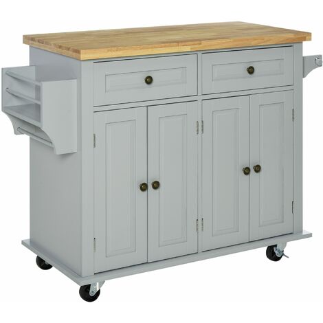 HOMCOM Rolling Kitchen Island Cart with Rubber Wood Top, Spices, and Towel Rack