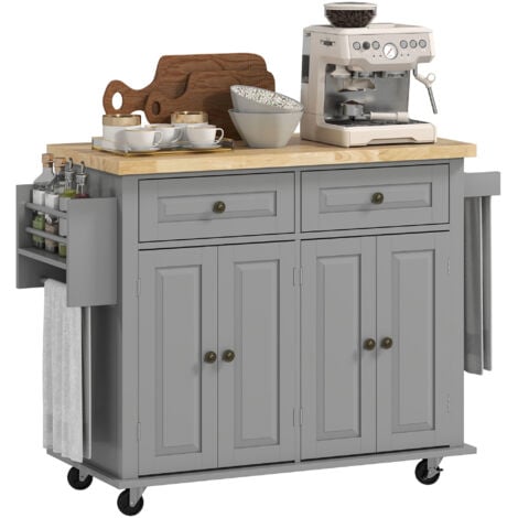 HOMCOM Rolling Kitchen Island Cart with Rubber Wood Top, Spices Grey