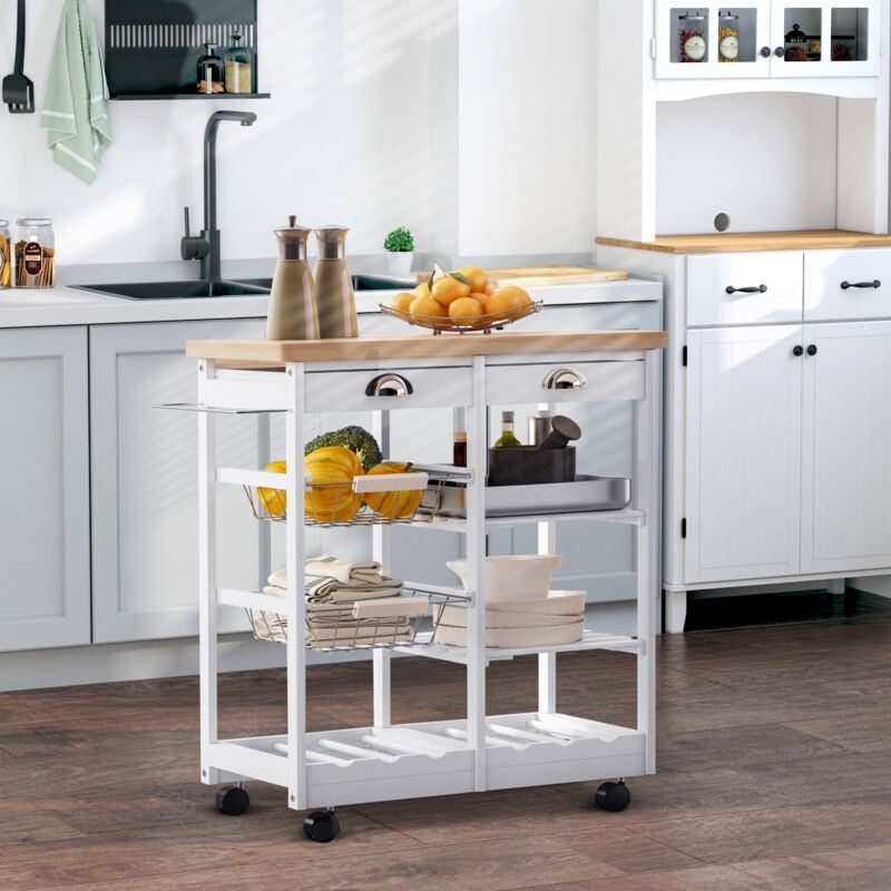 Homcom Rolling Kitchen Island Trolley Cart Drawer W 6 Bottle Wine