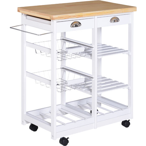 HOMCOM Rolling Kitchen Island Trolley, Serving Cart w/ Drawer, Basket White