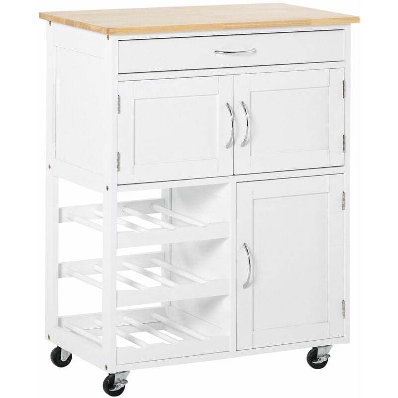 Homcom - Rolling Kitchen Island Trolley Storage Cart with Rubberwood Top Wine Rack - White