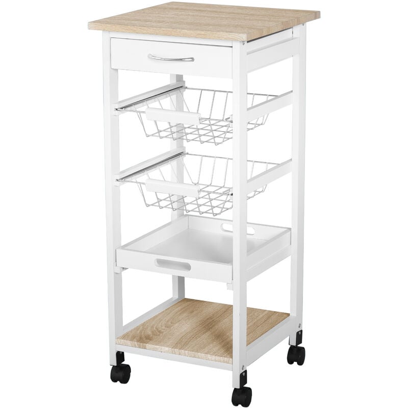 Homcom - Mobile Rolling Kitchen Island Trolley for Home Metal Baskets Tray Shelves - White