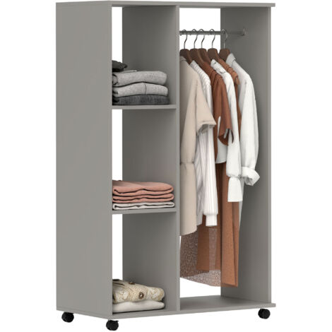 HOMCOM Rolling Open Wardrobe Hanging Rail Storage Shelves for Clothes Grey