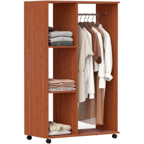 HOMCOM Rolling Open Wardrobe Hanging Rail Storage Shelves for Clothes Walnut