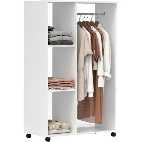 HOMCOM Rolling Open Wardrobe Hanging Rail Storage Shelves for Clothes White