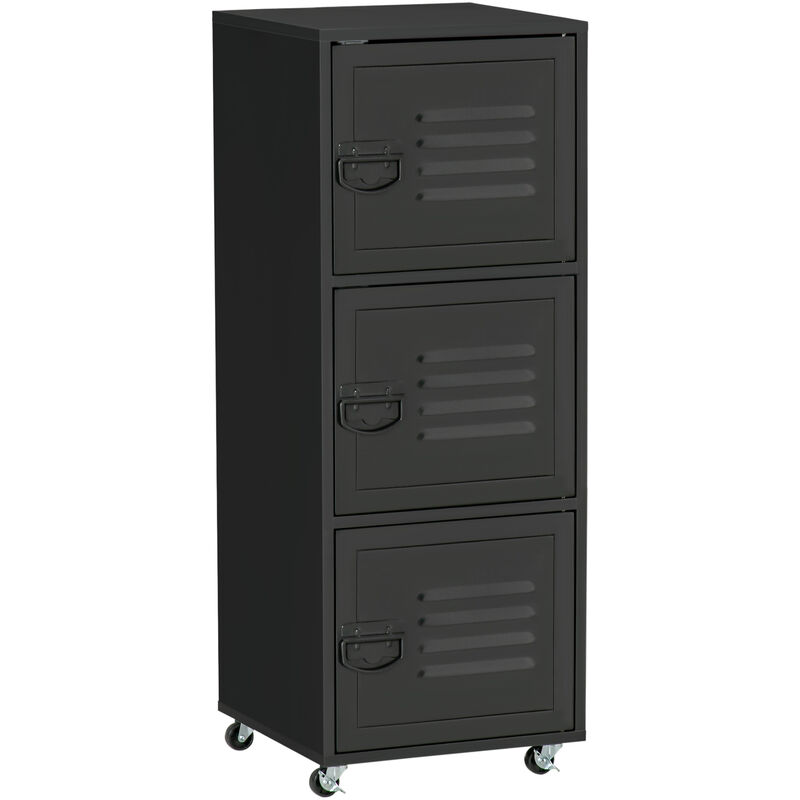 Rolling Storage Cabinet 3-Tier Mobile File Cabinet with Wheels & Metal Doors for Home Office, Living Room, Black - Homcom