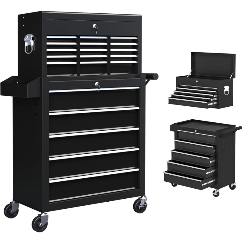 HOMCOM Rolling Tool Cabinet on Wheels with 14 Drawers, Pegboard and Side Rack, Lockable Top Tool Chest and Roller Cabinet Combo for Workshop and Hom