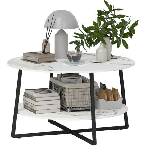 HOMCOM Round Coffee Table with Storage Shelf and Marble Effect Top, White
