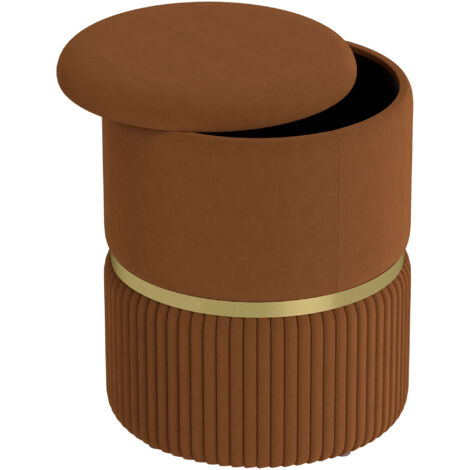 HOMCOM Round Pouffe, Storage Footstool with Cushioned Top, Hidden Space Light Brown