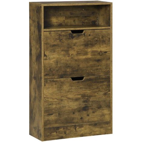 HOMCOM Rustic 2 Flip Door Shoe Cabinet with Adjustable Divider and Open Shelf