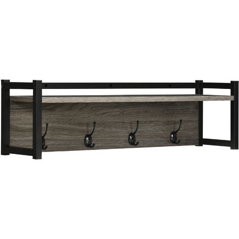 HOMCOM Rustic Wall-Mounted Coat Rack Floating Shelf with 4 Hooks for Entryway