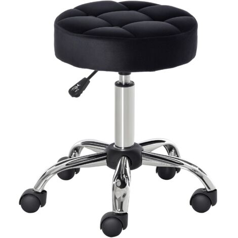 HOMCOM Salonstuhl mit Rädern Rollhocker höhenverstellbar drehbar Salon Hocker Samt-Touch Schaumstoff Chrom-Basis Schwarz 35 x 35 x 49-61 cm
