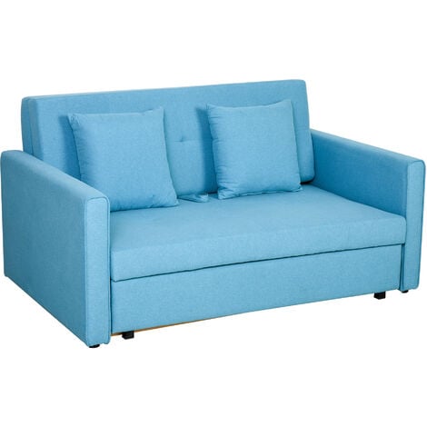 HOMCOM Schlafsofa 2-Sitzer Sofa mit Bettfunktion, Polstersofa mit Stauraum, Rückenkissen, Schlafcouch für Wohnzimmer, Polyester, Holz, Hellblau, 152 x 101 x 81cm