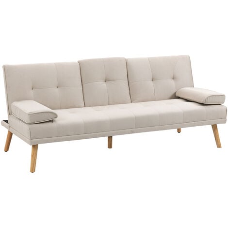 HOMCOM Schlafsofa, 3-Sitzer-Schlafcouch mit Klappbarem Tisch, Becherhalter, Bettsofa mit Leinenoptik, im Skandi-Design, bis 250 kg Belastbar, für Wohzimmer, Beige
