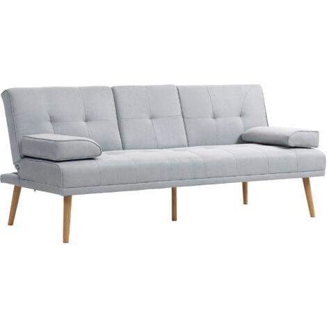HOMCOM Schlafsofa, 3-Sitzer-Sofa, Bettsofa mit Klappbarem Tisch, Stoffsofa mit Leinenoptik, Schlafcouch mit Becherhalter, im Skandi-Design, bis 250 kg Belastbar, Hellgrau