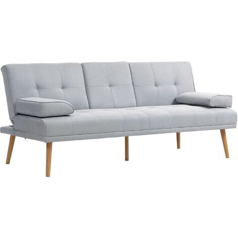 HOMCOM Schlafsofa, 3-Sitzer Sofa, Schlafcouch mit Klappbarem Tisch, Becherhalter, Bettsofa mit Leinenoptik, Couch Gästebet für Wohnzimmer, Hellgrau