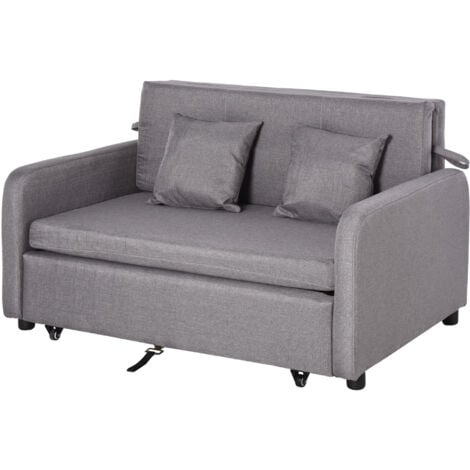 HOMCOM Schlafsofa, Schlafcouch mit Stauraum, Wurfkissen, Armlehne, 2er-Sofa mit Schlaffunktion, Leinenoptik, Gepolstert Couch mit Rollen für Wohnzimmer, Schlafzimmer, Grau