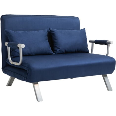 HOMCOM Schlafsofa Schlafcouch mit Verstellbarer Rückenlehne, Wurfkissen, Sofa mit Schlaffunktion, Samtoptik, Armlehne, Gästebett, Klappsessel für Wohnzimmer, Schlafzimmer, Blau