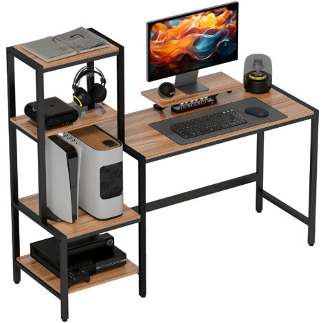 HOMCOM Schreibtisch 150 x 48 cm Computertisch Bürotisch mit Monitorständer, CPU-Ständer, Druckerablage, 4 Regalen, Metallgestell für Home Office, Schlafzimmer Braun