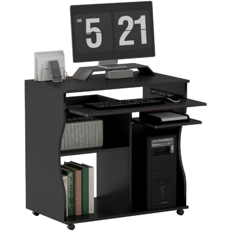 HOMCOM Schreibtisch mit Rollen 80 x 48 cm Computertisch Bürotisch mit Monitorständer, Tastaturablage, Ablage, PC Tisch für Home Office, Schlafzimmer Schwarz