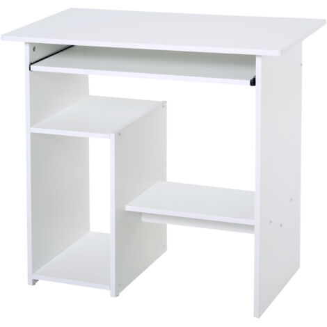 HOMCOM Scrivania Compatta con Ripiani e Mensola Tastiera Estraibile in Legno, 80x45x75cm, Bianco